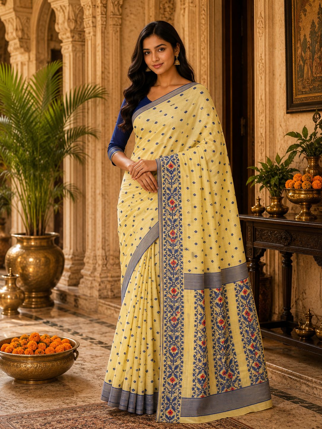 Elegant Butter Yellow & Royal Blue Floral Border Saree