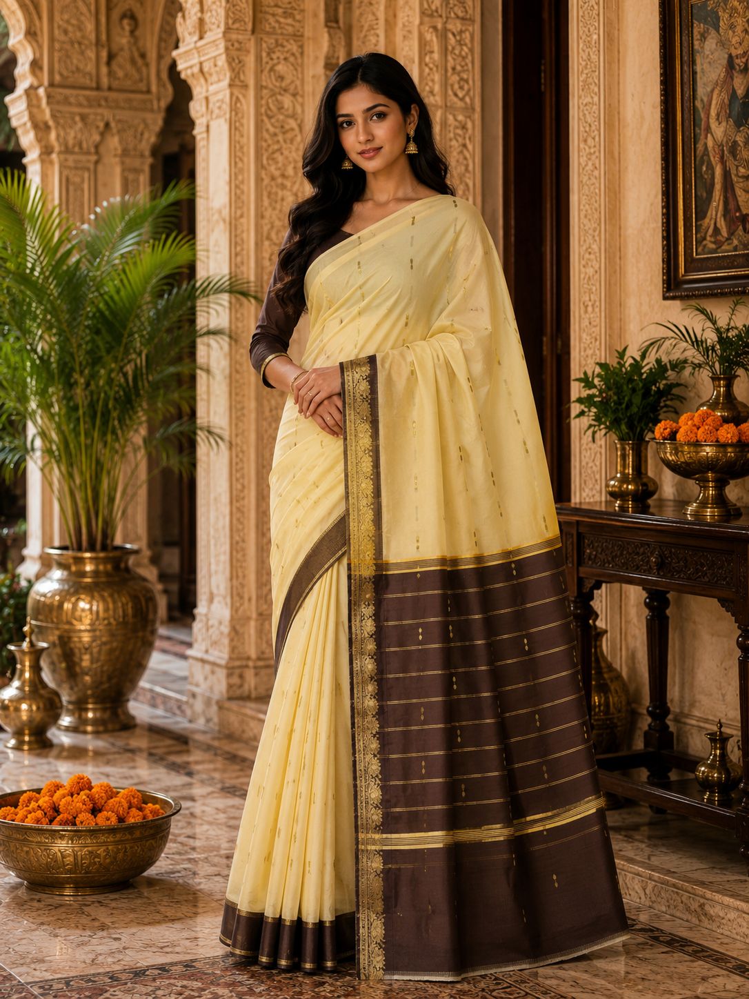 Elegant Ivory & Coffee Brown Zari Border Saree