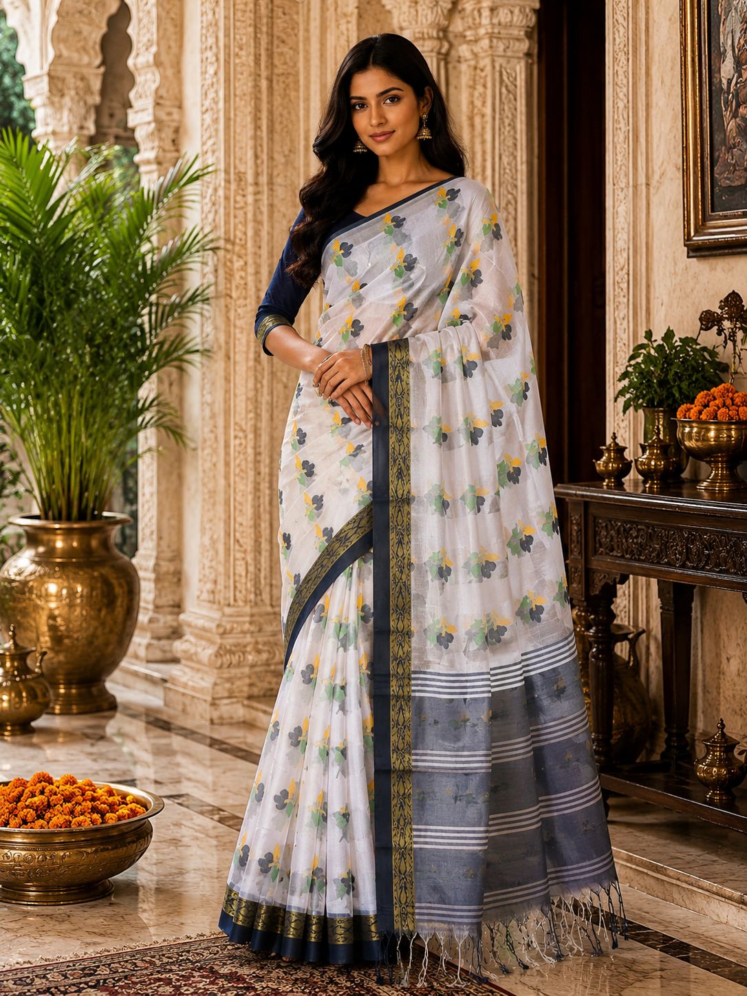 Elegant White & Navy Blue Floral Printed Saree with Woven Border
