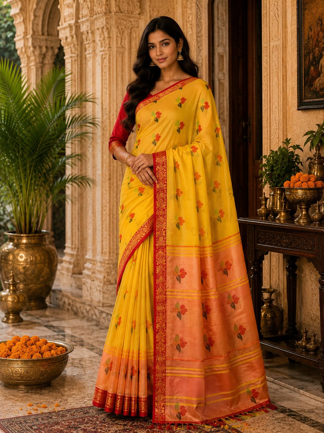 Elegant Sunshine Yellow & Coral Pink Floral Border Saree
