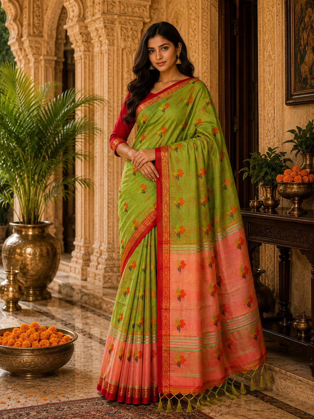 Elegant Leaf Green & Blush Pink Floral Border Saree