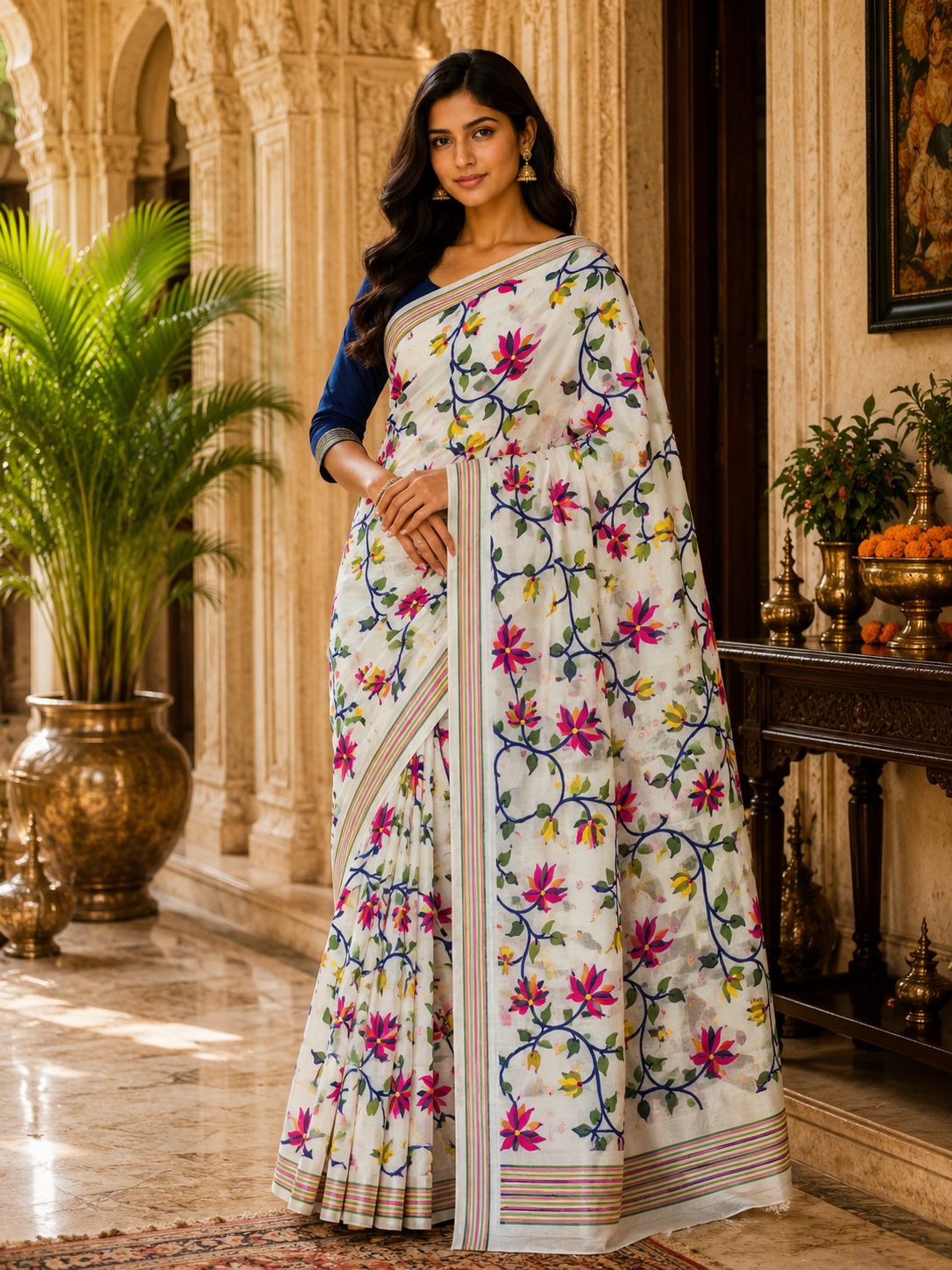 Elegant White Multicolor Floral Printed Saree with Striped Border