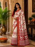 Elegant Ivory & Crimson Floral Woven Border Saree