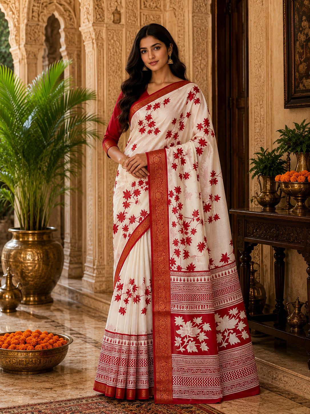 Elegant Ivory & Crimson Floral Woven Border Saree