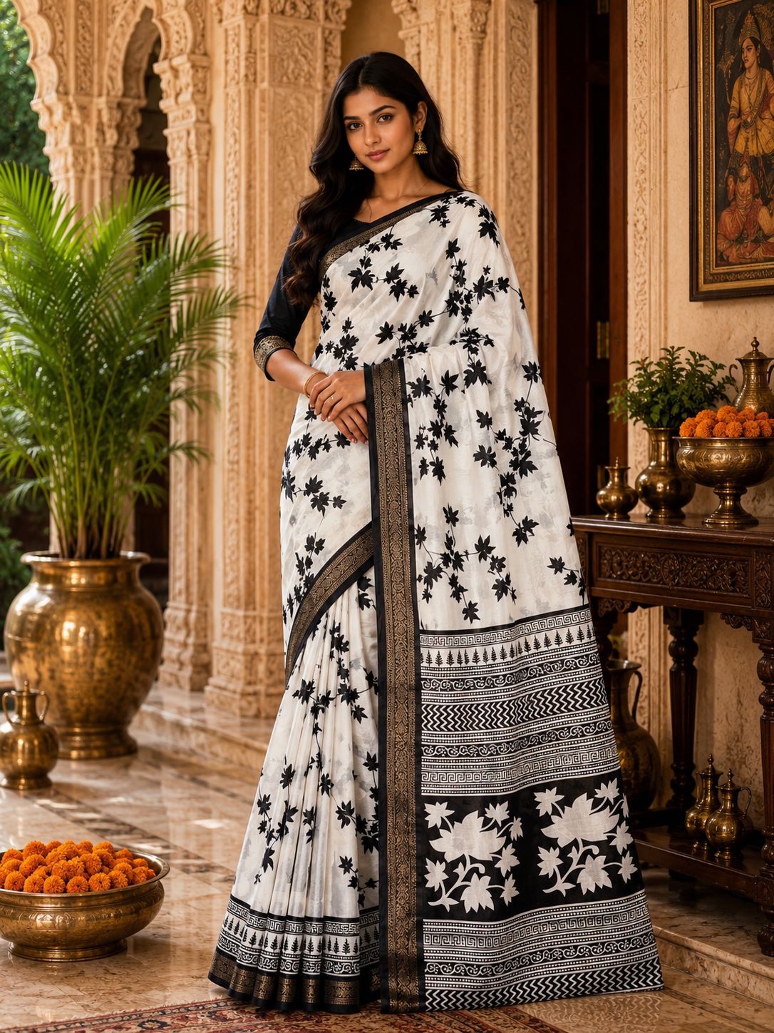 Elegant White & Black Floral Woven Border Saree