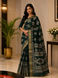 Elegant Deep Forest Green Bandhani Print Saree with Antique Gold Border