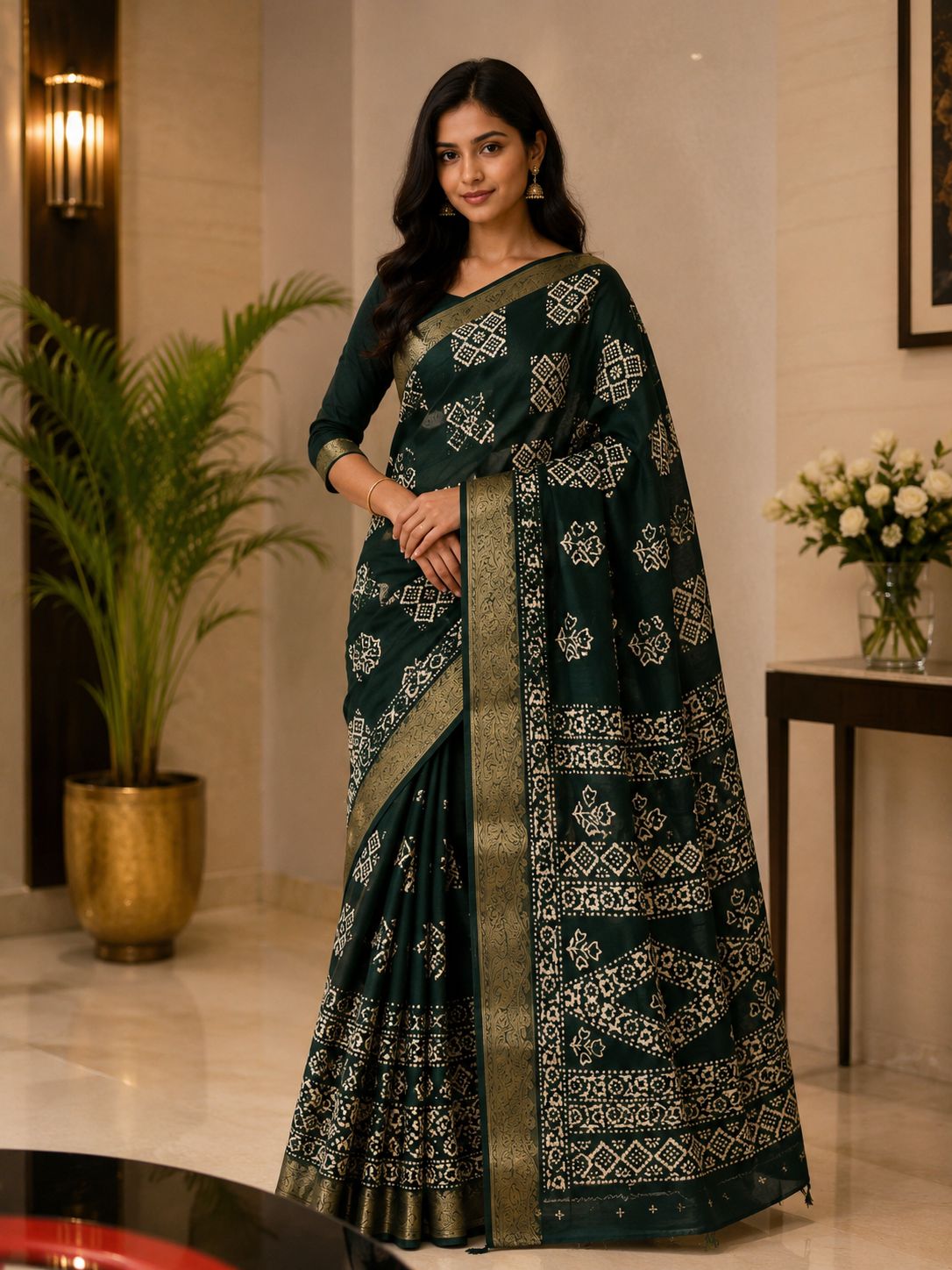 Elegant Deep Forest Green Bandhani Print Saree with Antique Gold Border