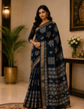 Elegant Midnight Blue Bandhani Print Saree with Antique Gold Border