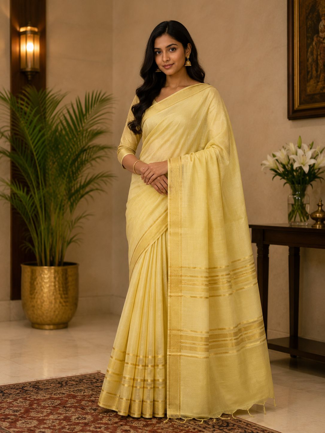 Elegant Butter Yellow Plain Saree with Golden Zari Border