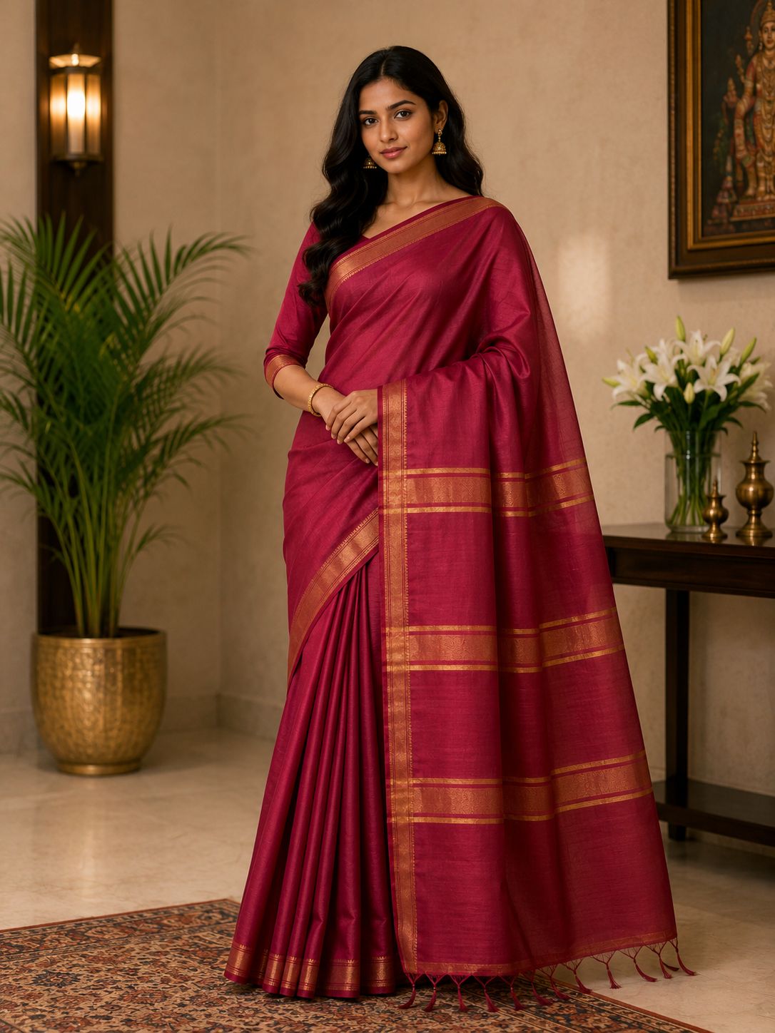 Elegant Ruby Wine Plain Saree with Golden Zari Border
