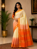 Sunrise Ivory Ombre Soft Silk Saree with Orange Zari Border