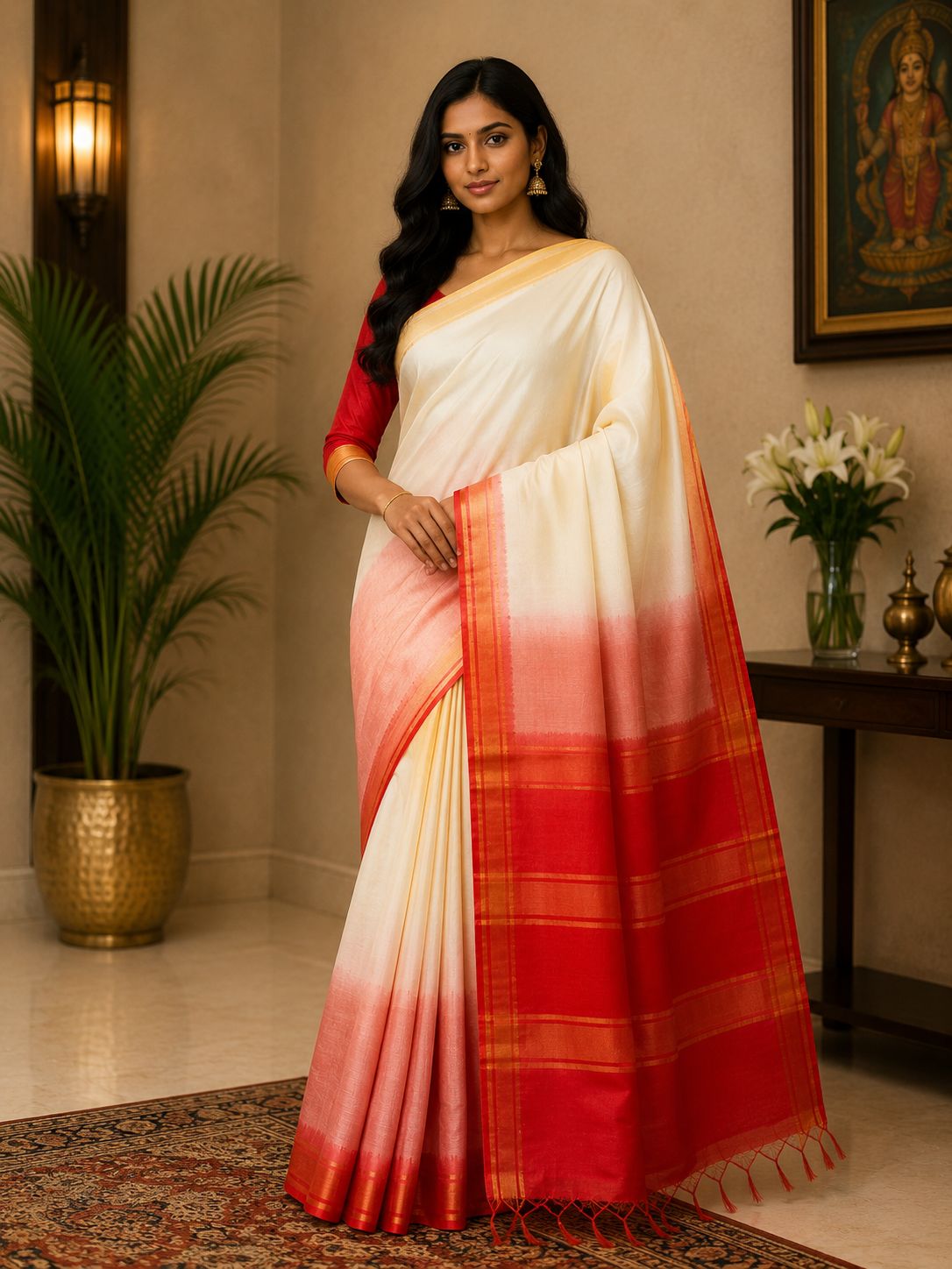 Ivory Blush Ombre Soft Silk Saree with Crimson Zari Border