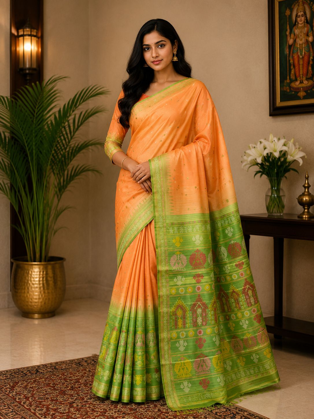 Peach Soft Silk Saree with Green Traditional Zari Pallu