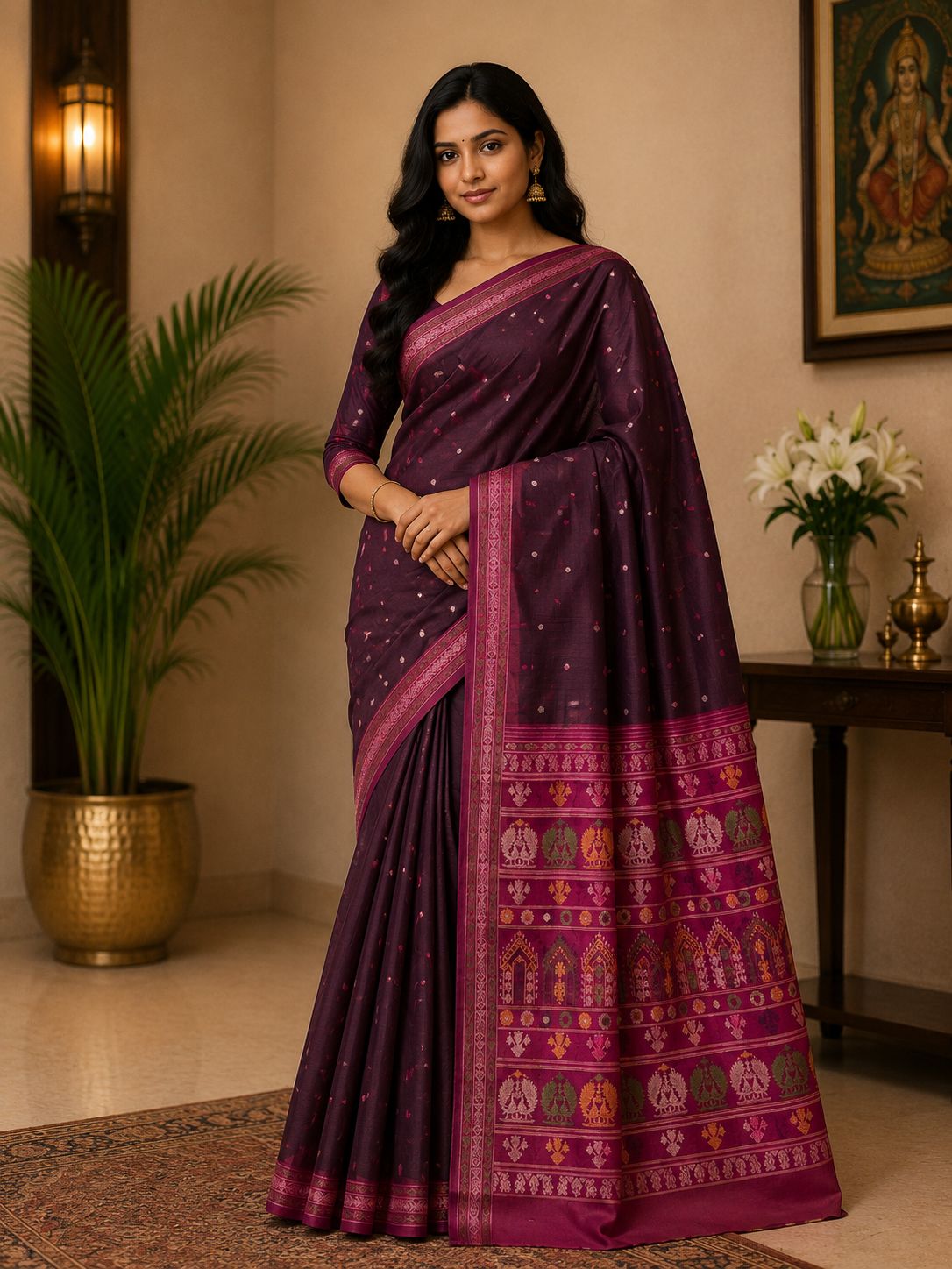 Royal Plum Handwoven Inspired Silk Saree with Traditional Woven Pallu