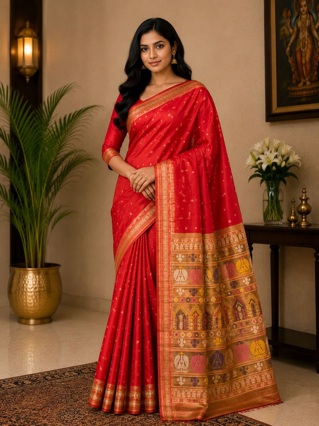 Ruby Red Paithani Silk Saree with Rich Gold Woven Pallu