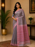 Silver Grey Soft Silk Saree with Pink Zari Woven Pallu