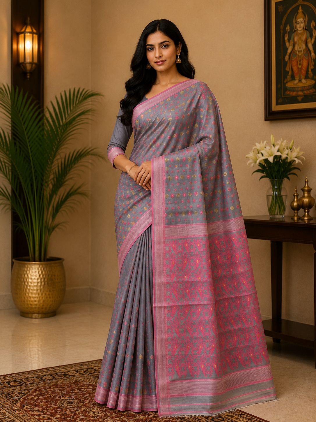 Silver Grey Soft Silk Saree with Pink Zari Woven Pallu