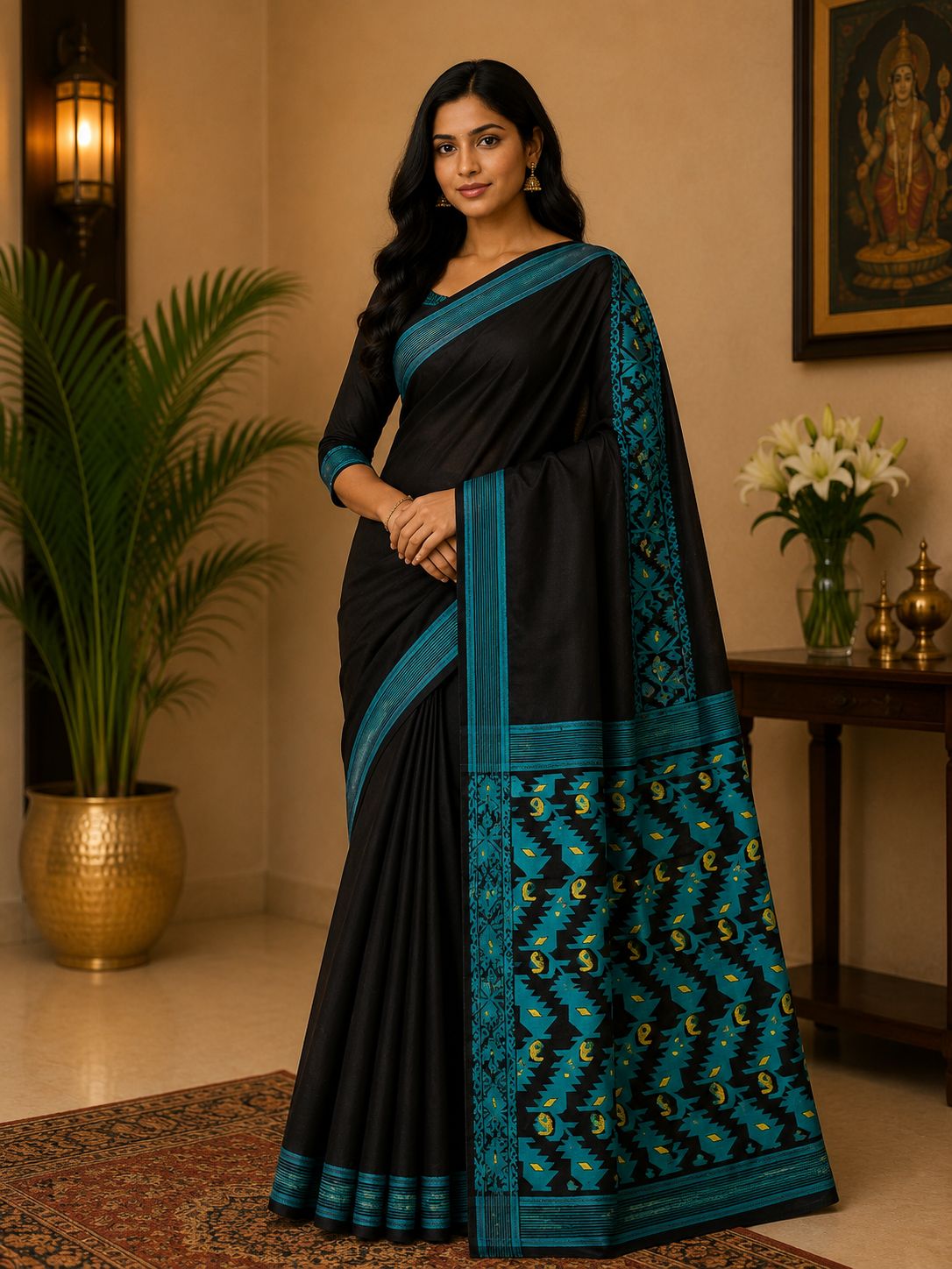 Black Cotton Saree with Teal Woven Designer Pallu