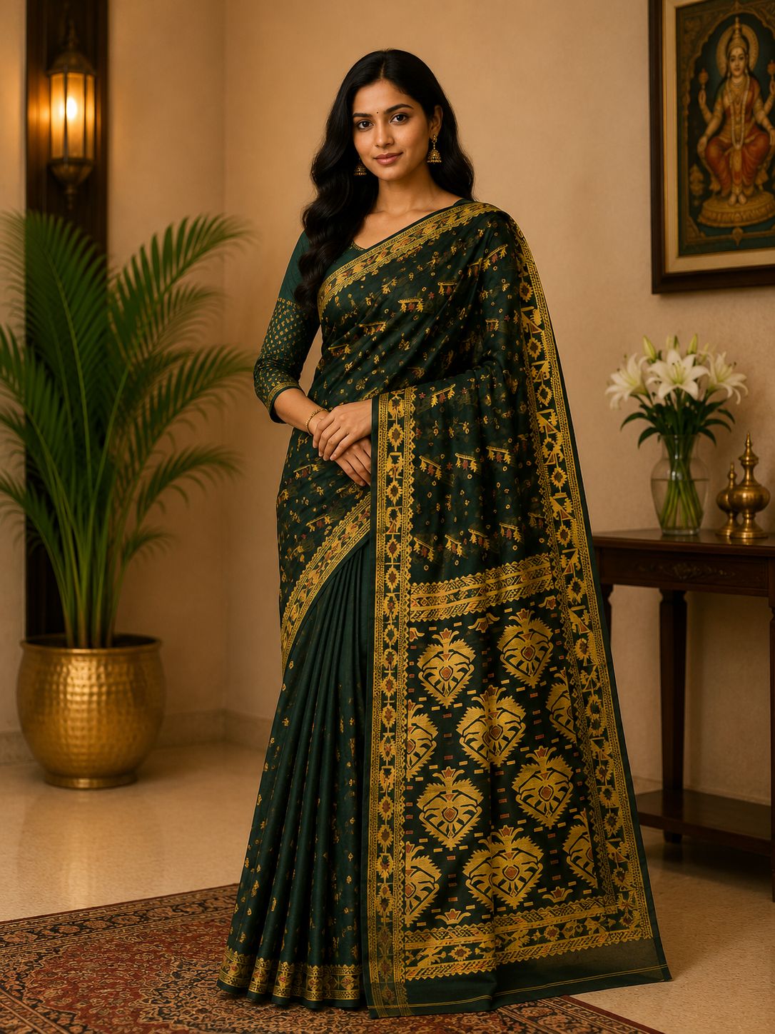 Forest Green Cotton Silk Saree with Antique Gold Woven Pallu