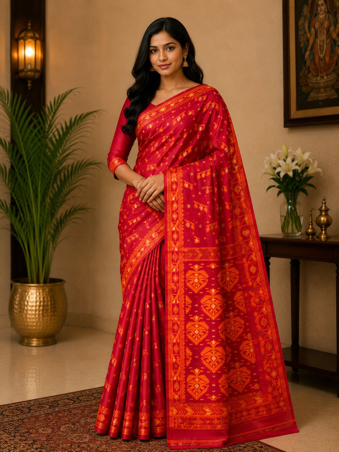 Radiant Ruby Red Soft Silk Saree with Traditional Woven Golden Motifs & Designer Pallu