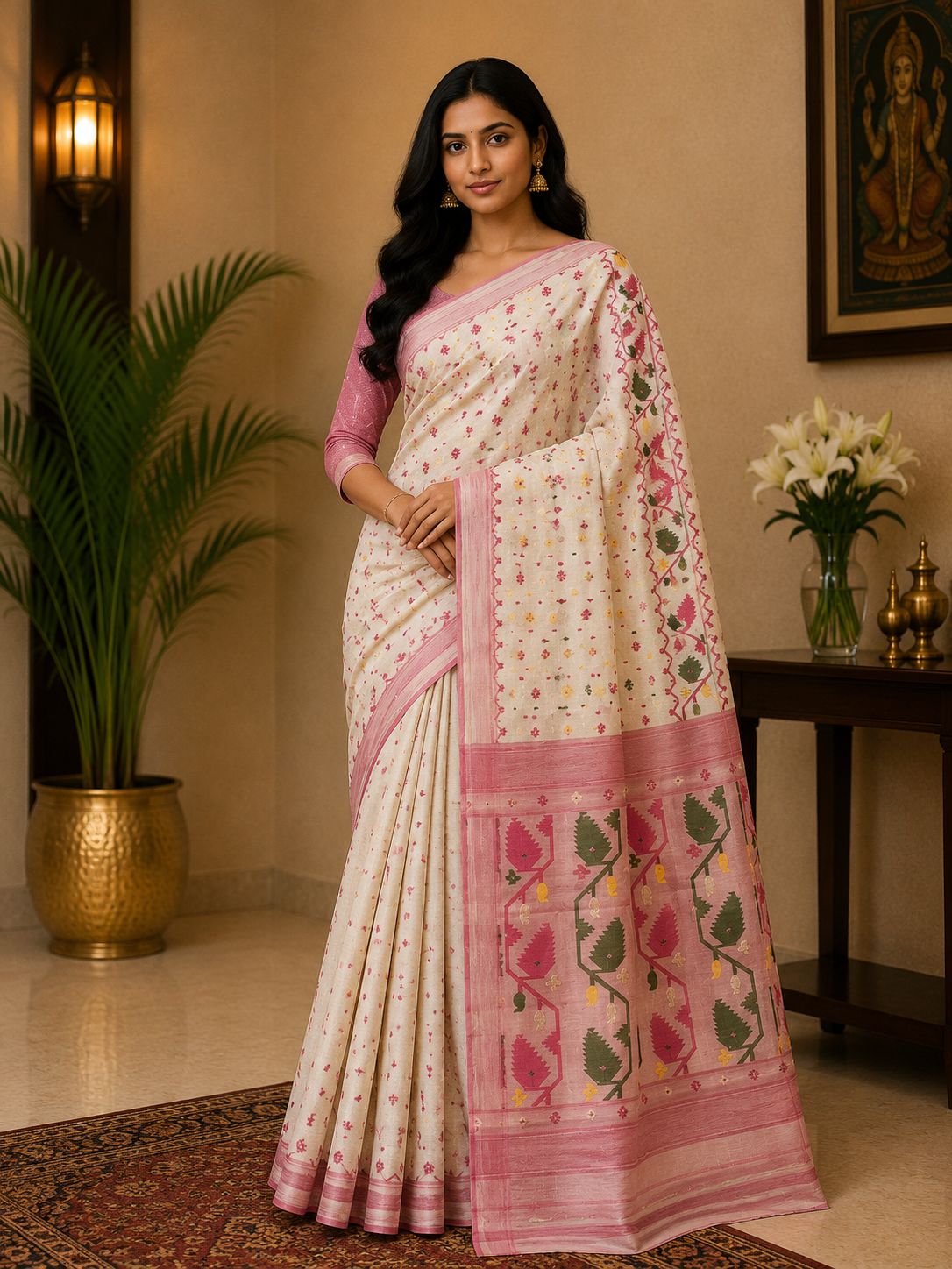 Elegant Ivory Soft Silk Saree with Pink Woven Border & Floral Designer Pallu
