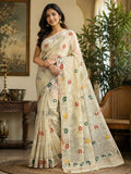 Elegant Off-White Soft Cotton Saree with Multicolor Floral Woven Motifs