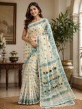 Elegant Ivory Soft Cotton Saree with Sky Blue Floral Woven Border & Designer Pallu