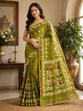 Olive Green Soft Cotton Saree with Floral Woven Border & Elegant Designer Pallu