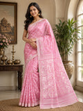 Blush Pink Soft Cotton Jamdani Saree with Elegant Woven White Motifs