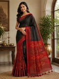 Classic Black & Crimson Handloom Cotton Saree with Traditional Woven Pallu