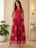 Maroon Printed Sleeveless Flared Maxi Dress
