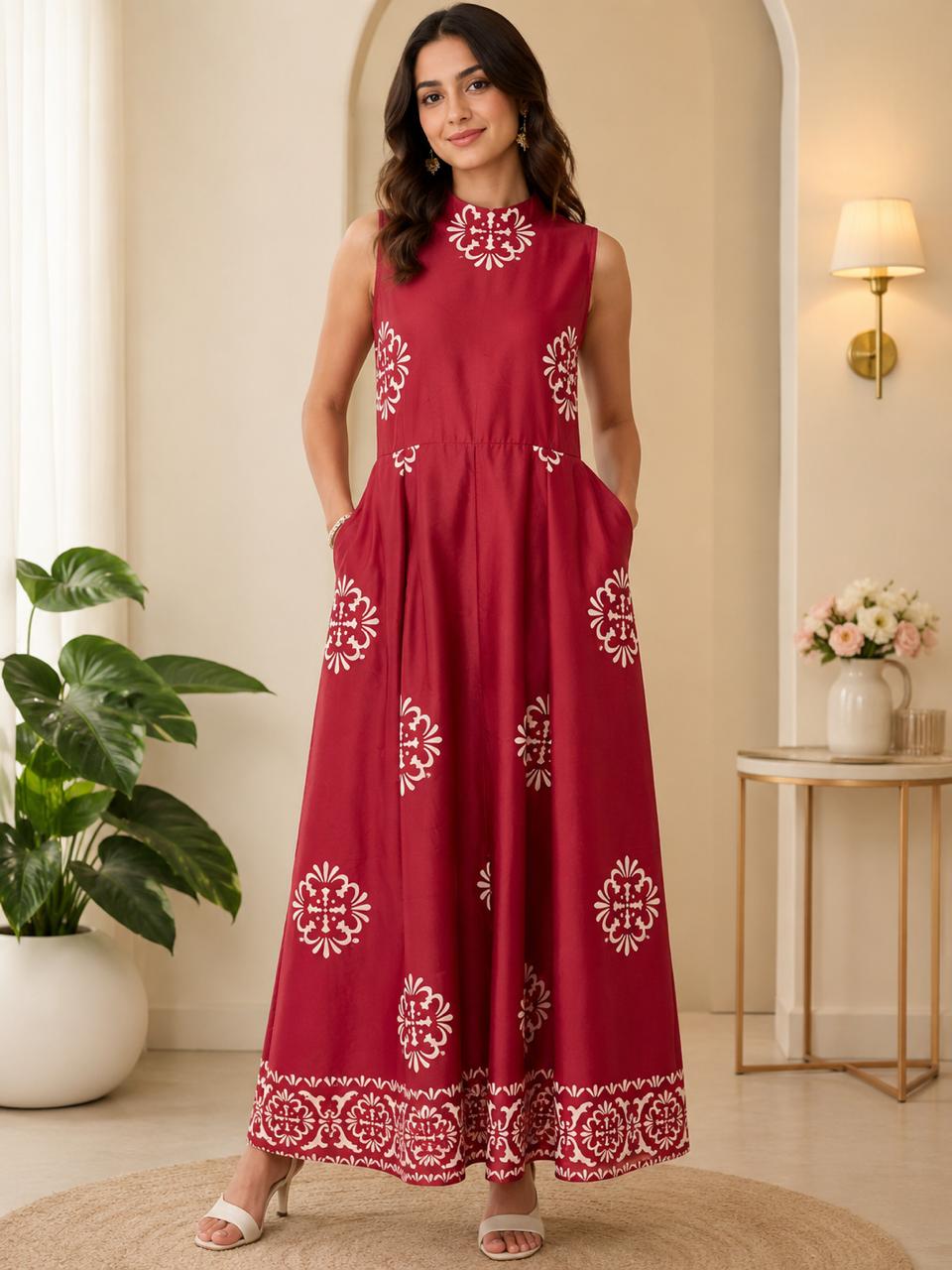 Maroon Printed Sleeveless Flared Maxi Dress