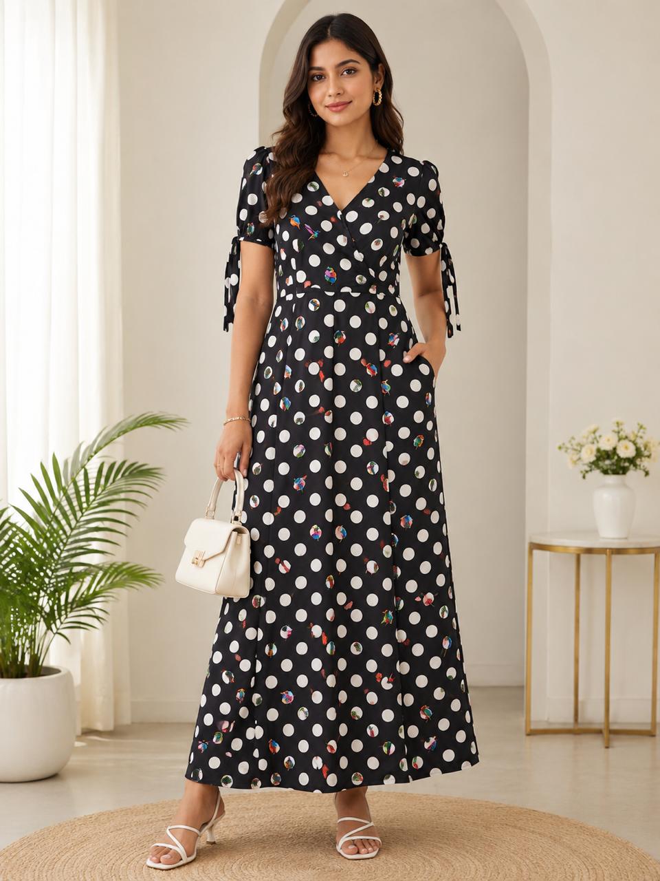 Black Polka Dot Wrap Style Maxi Dress