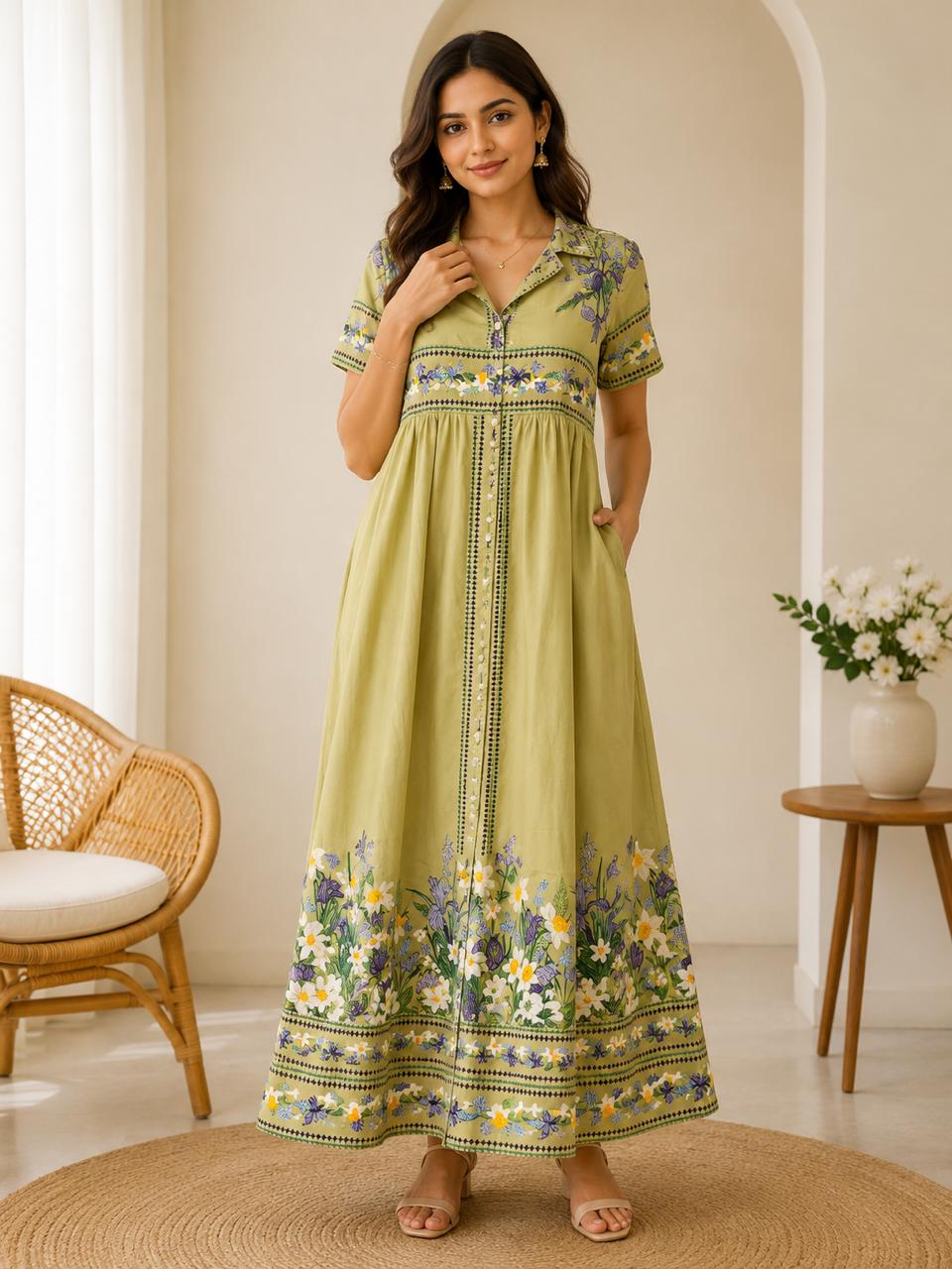 Sage Green Floral Printed Collared Maxi Dress