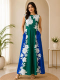 Emerald Green Floral Color Block Sleeveless Maxi Dress
