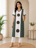 SkipM Heritage Green & White Printed Kurta Pant Set