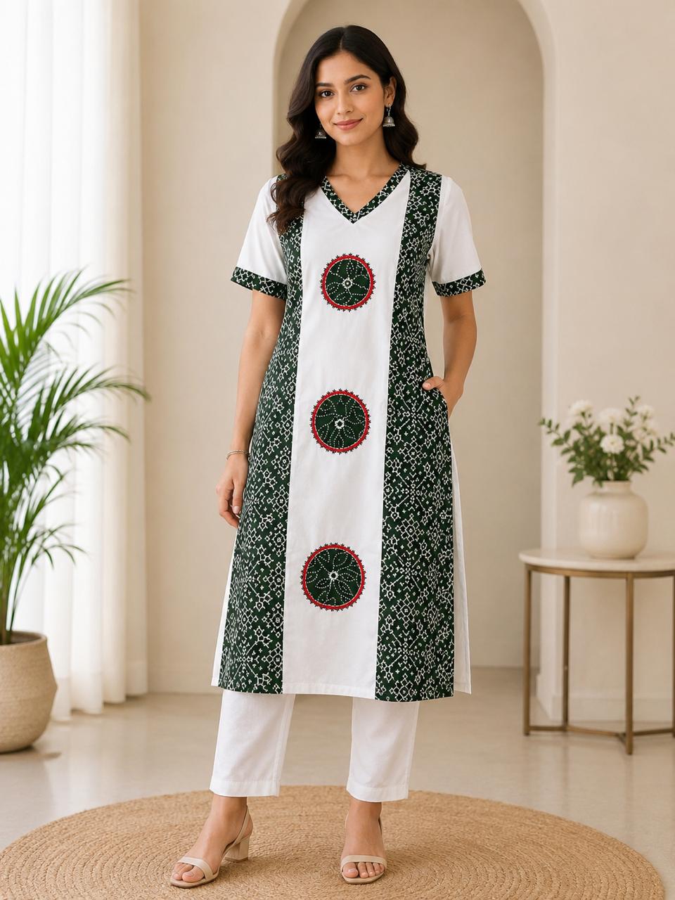 SkipM Heritage Green & White Printed Kurta Pant Set