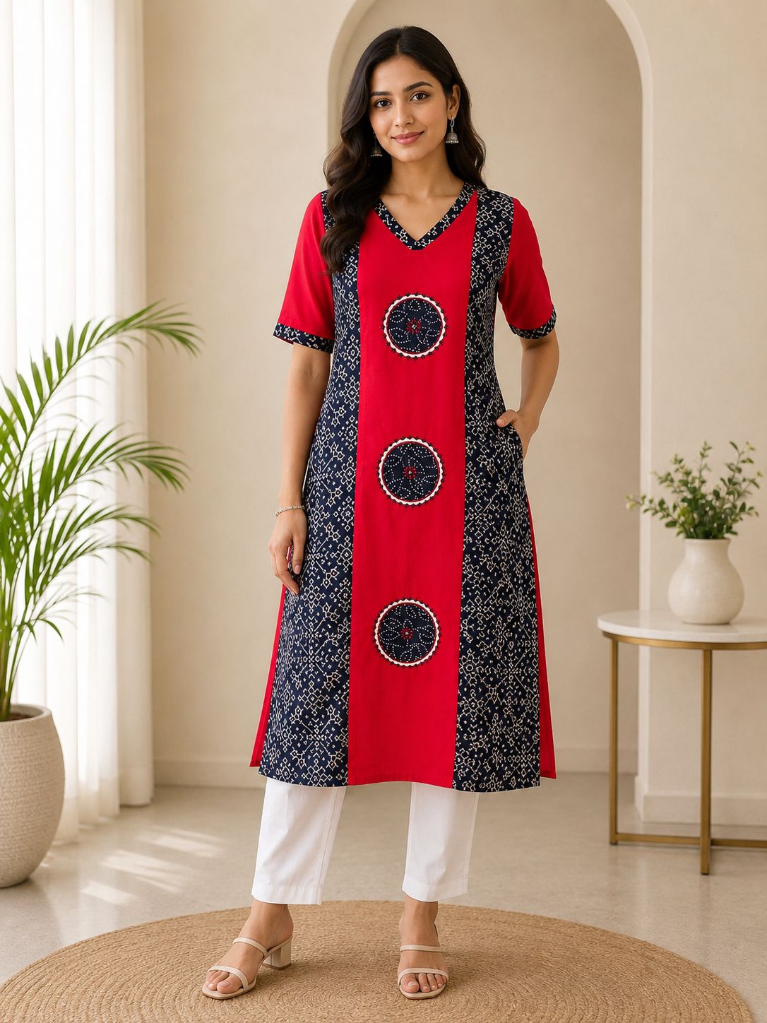 SkipM Red & Black Printed Cotton Kurta Pant Set with Traditional Motif Design