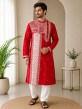 SkipM Men's Regal Red Embroidered Festive Kurta