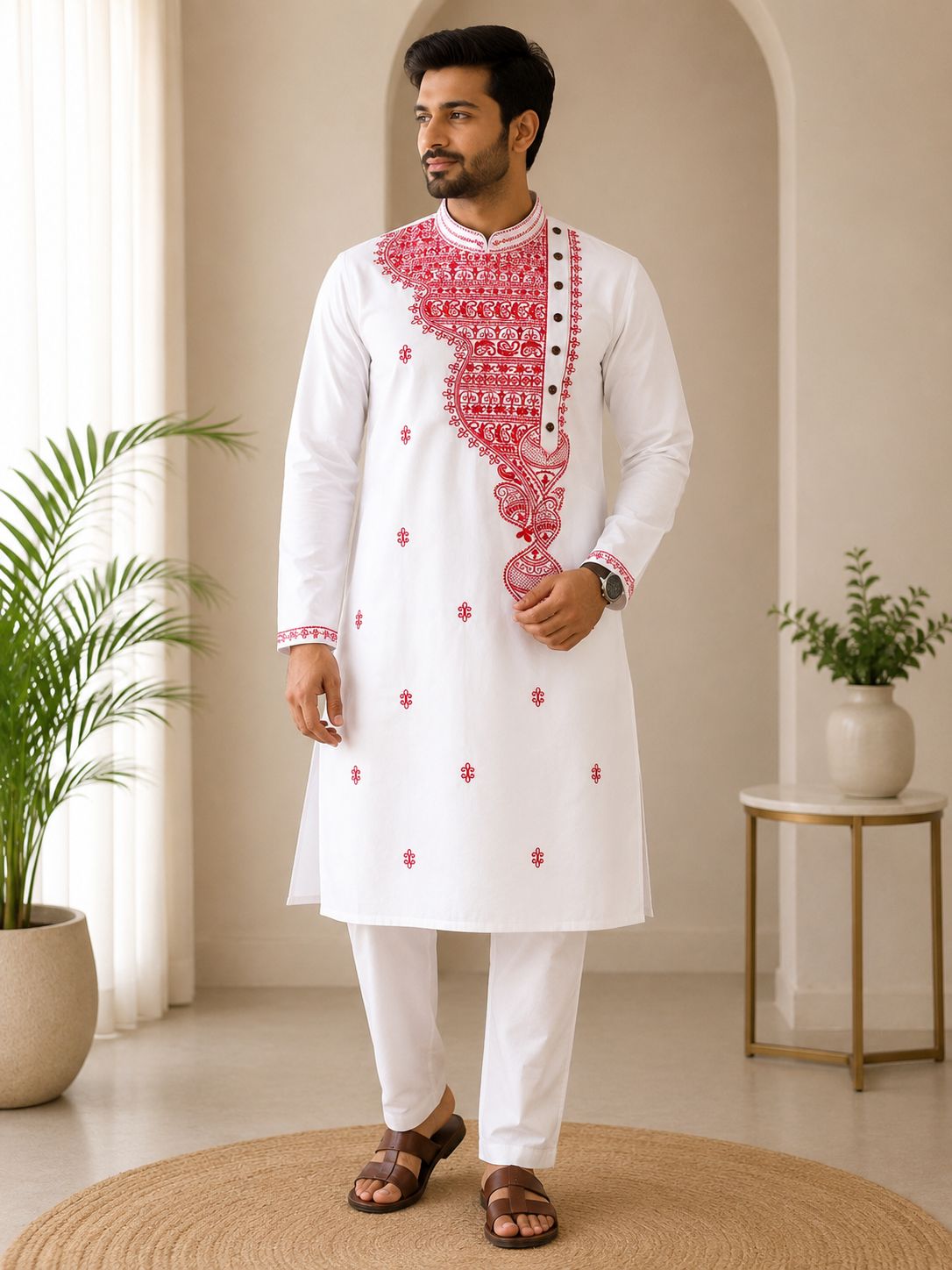 SkipM Men's Classic White Embroidered Festive Kurta