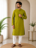 Men's Olive Green Mandarin Collar Cotton Kurta