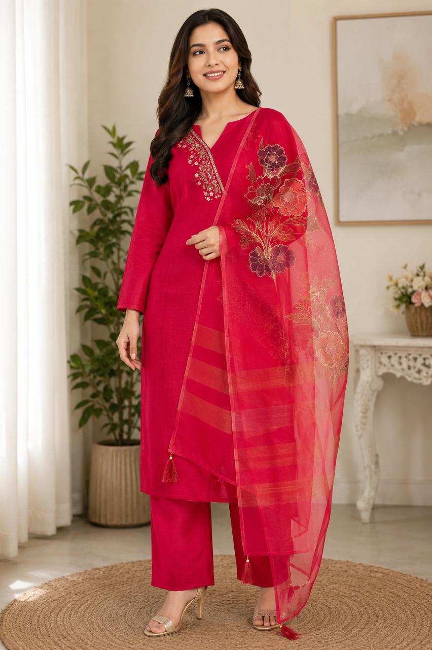 Women's Fuchsia Pink Straight Kurta Pant Set with Floral Organza Dupatta