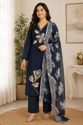Women's Navy Blue Straight Kurta Pant Set with Printed Dupatta