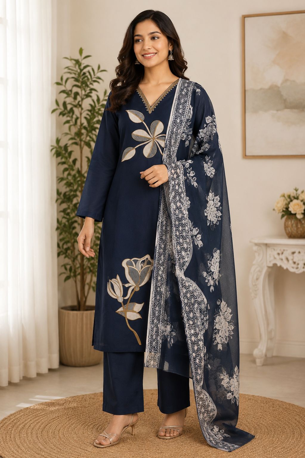 Women's Navy Blue Straight Kurta Pant Set with Printed Dupatta