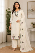 Women's Off-White Embroidered Straight Kurta Pant Set with Embroidered Chiffon Dupatta