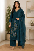 Women's Teal Blue Embroidered Straight Kurta Pant Set with Chiffon Dupatta