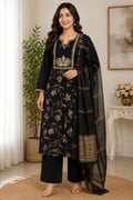 Women's Black Embroidered Straight Kurta Pant Set with Elegant Chiffon Dupatta
