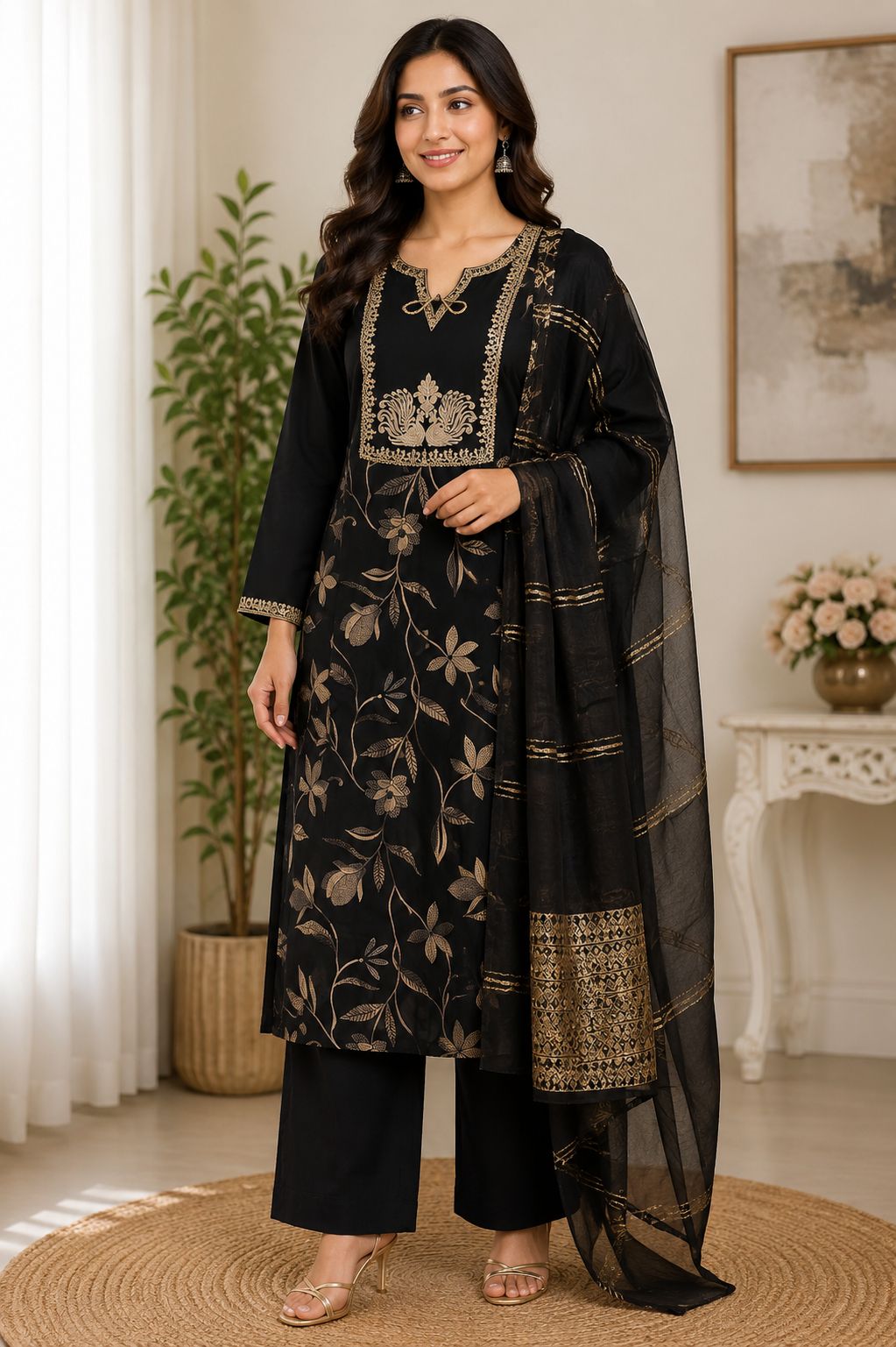 Women's Black Embroidered Straight Kurta Pant Set with Elegant Chiffon Dupatta