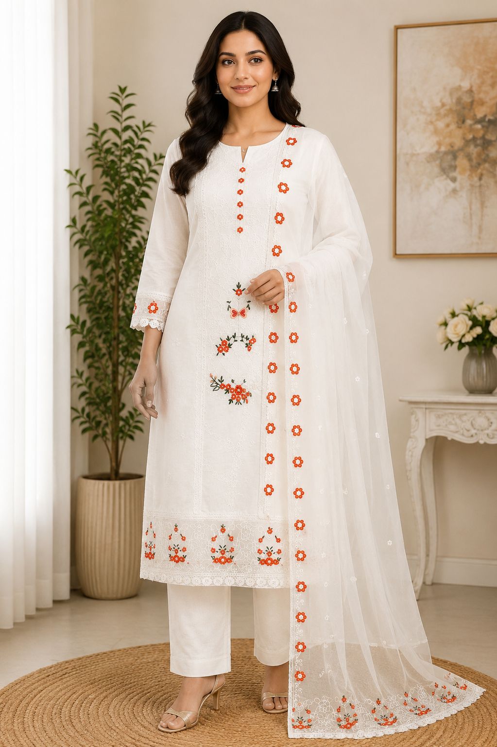 Women's White Embroidered Straight Kurta Pant Set with Floral Organza Dupatta