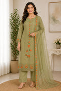 Women's Olive Green Embroidered Straight Kurta Pant Set with Floral Organza Dupatta